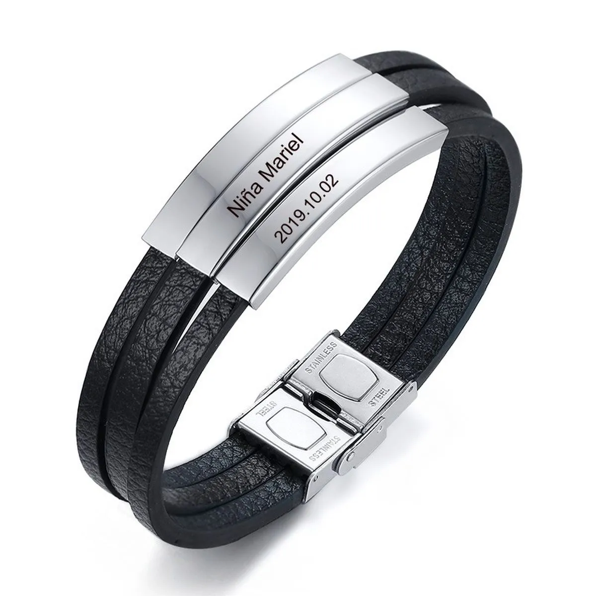 3 Layers Stainless Steel Silver Customized Personalised Laser Engraved Leather Wrist Band ID Bracelet Men