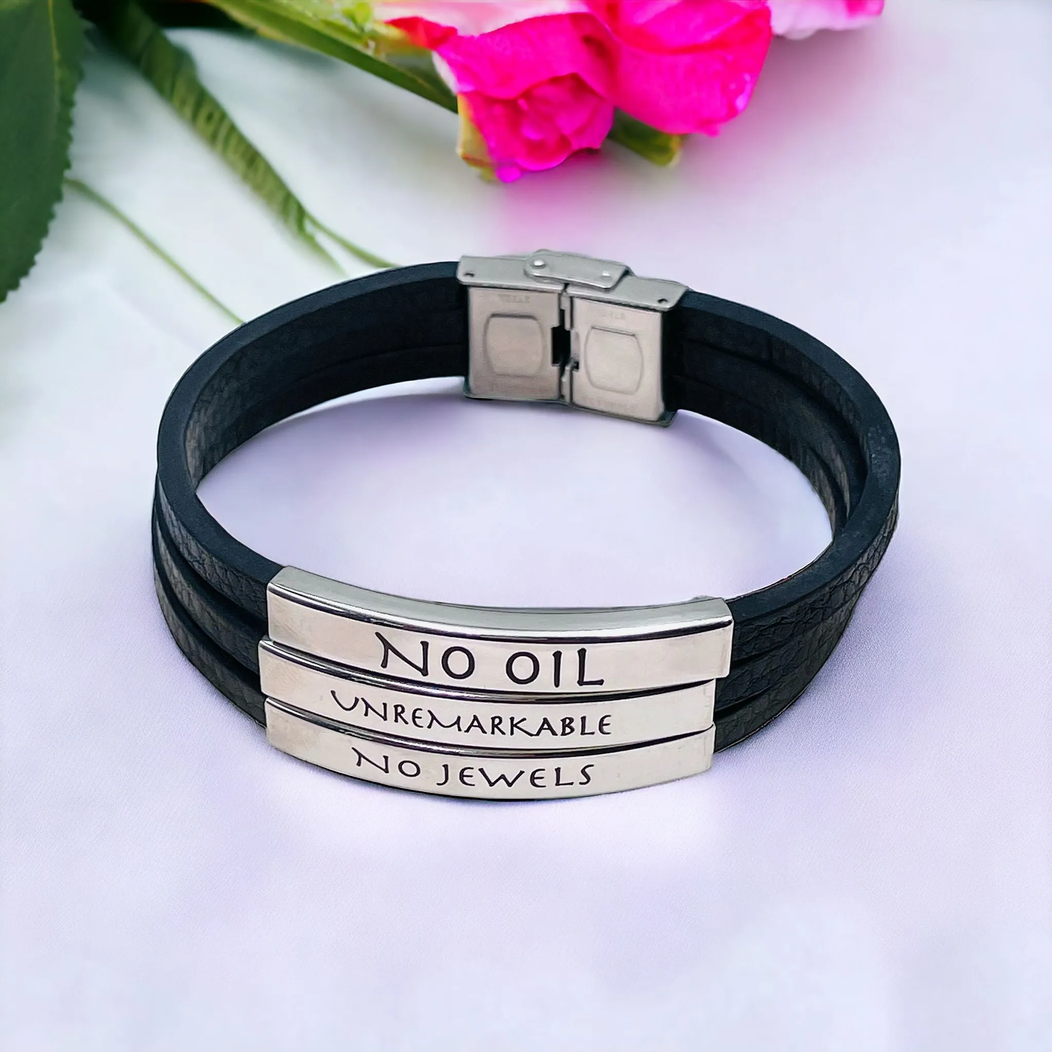 3 Layers Stainless Steel Silver Customized Personalised Laser Engraved Leather Wrist Band ID Bracelet Men