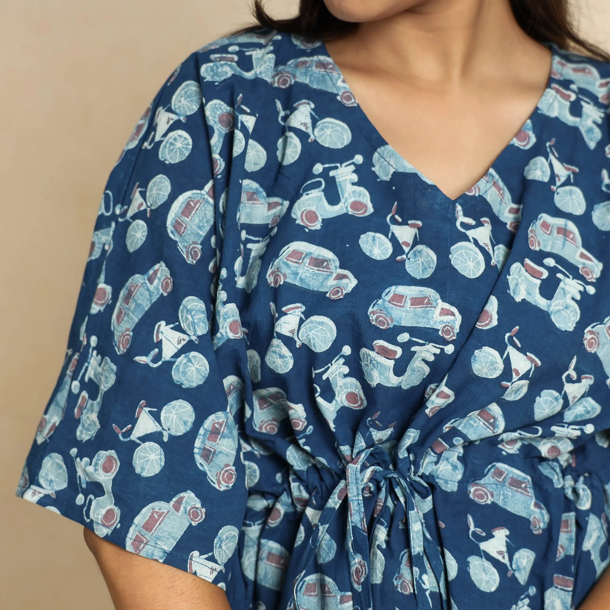 Blue - Bindaas Block Printed Cotton Kaftan & Pyjama Night Suit Set