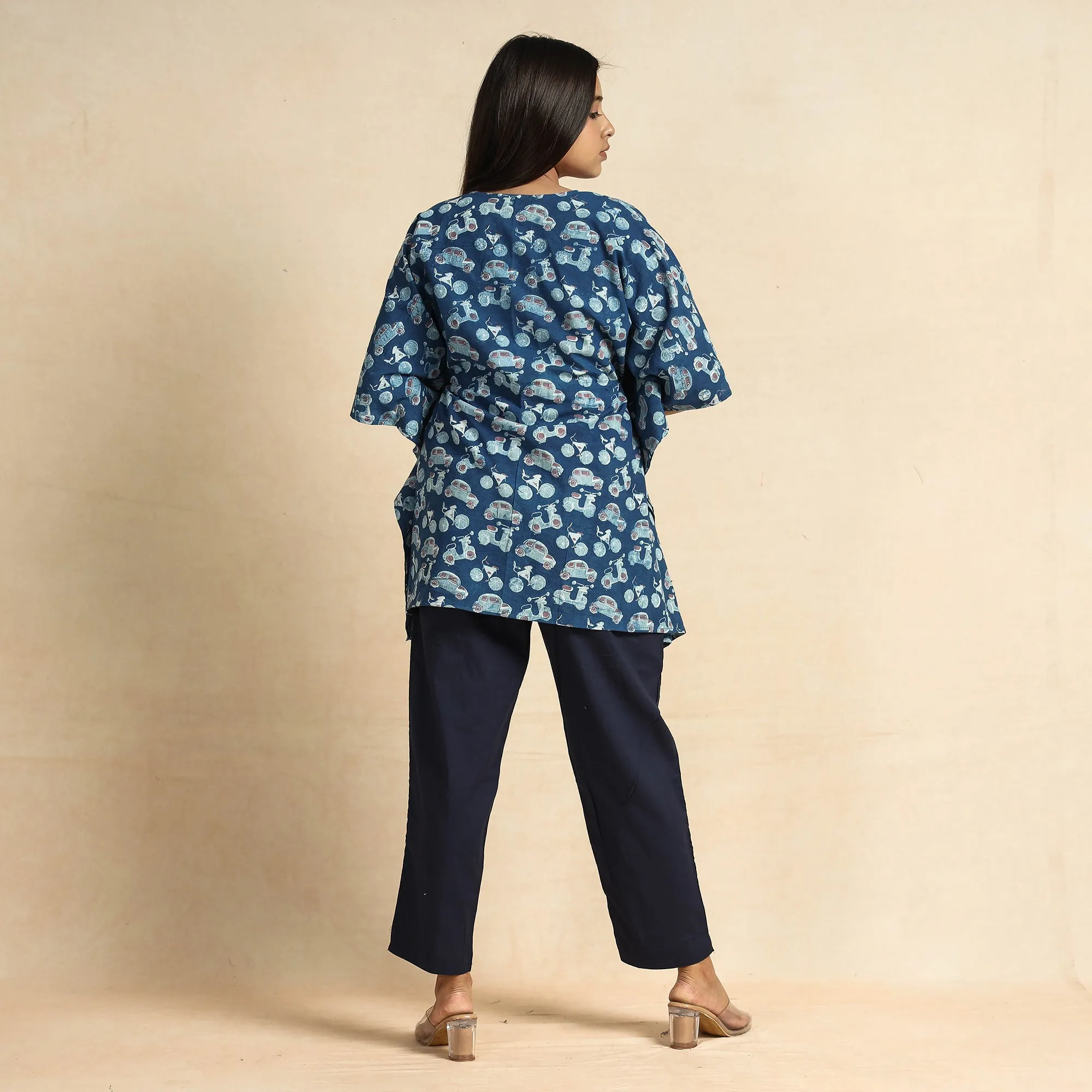 Blue - Bindaas Block Printed Cotton Kaftan & Pyjama Night Suit Set