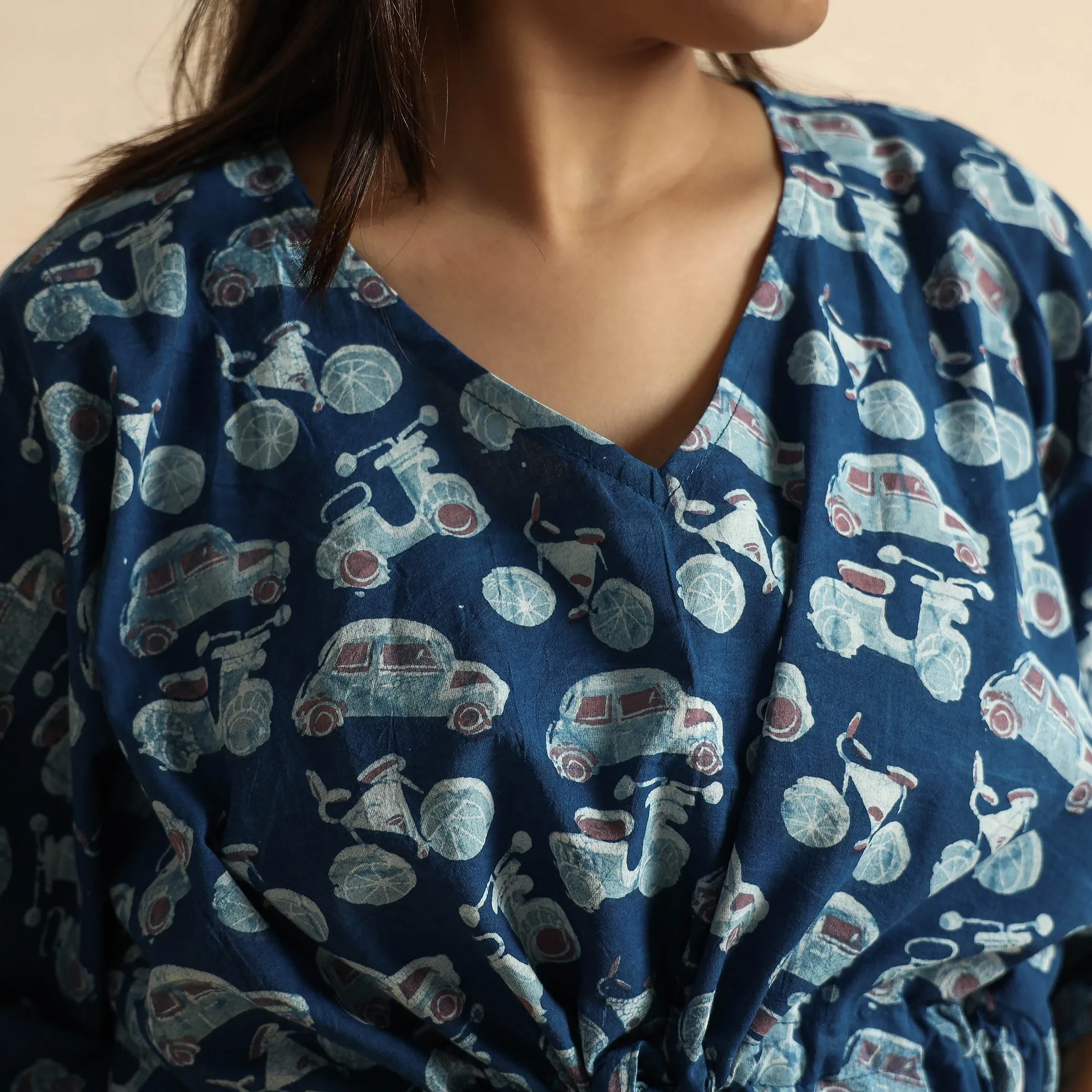 Blue - Bindaas Block Printed Cotton Kaftan & Pyjama Night Suit Set