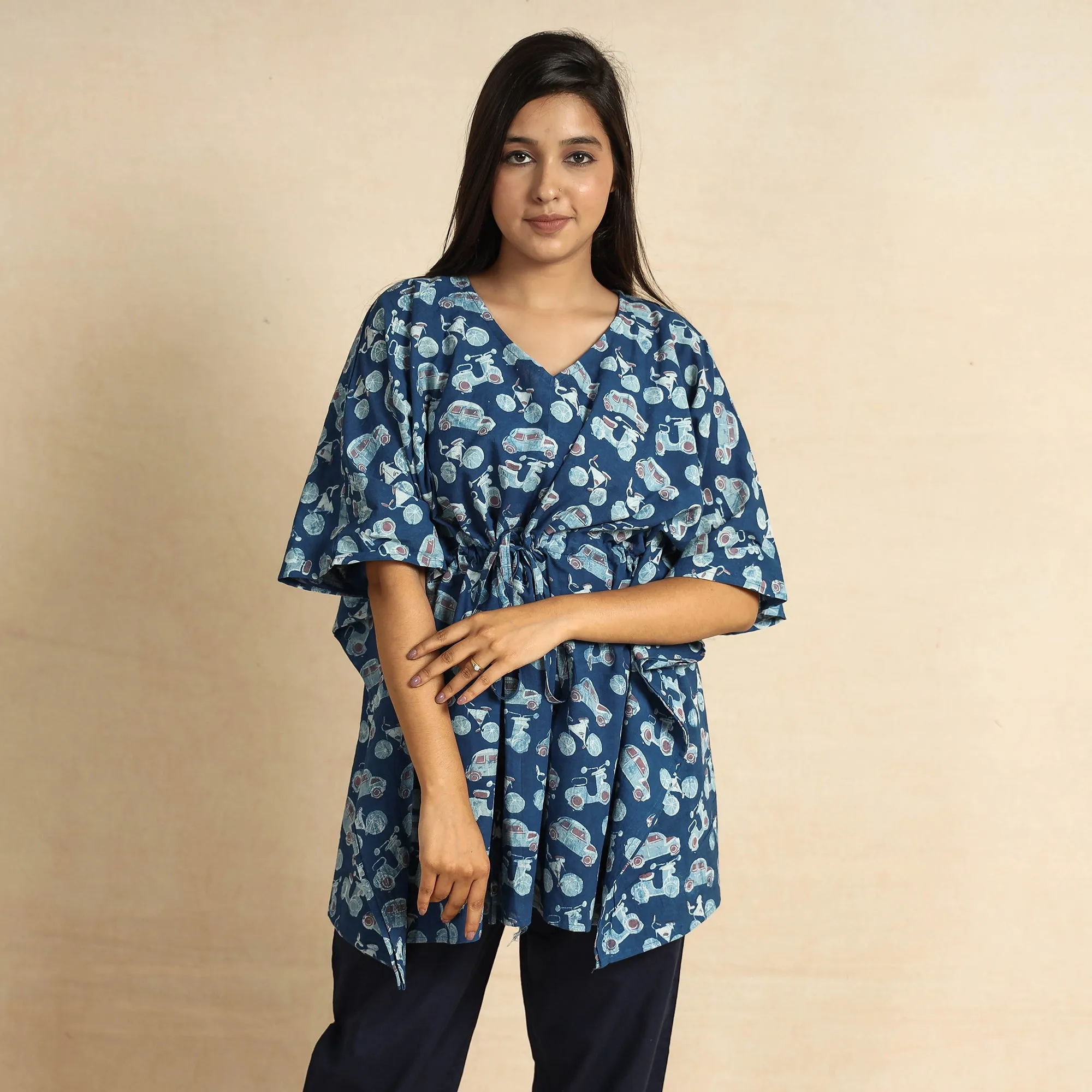 Blue - Bindaas Block Printed Cotton Kaftan & Pyjama Night Suit Set