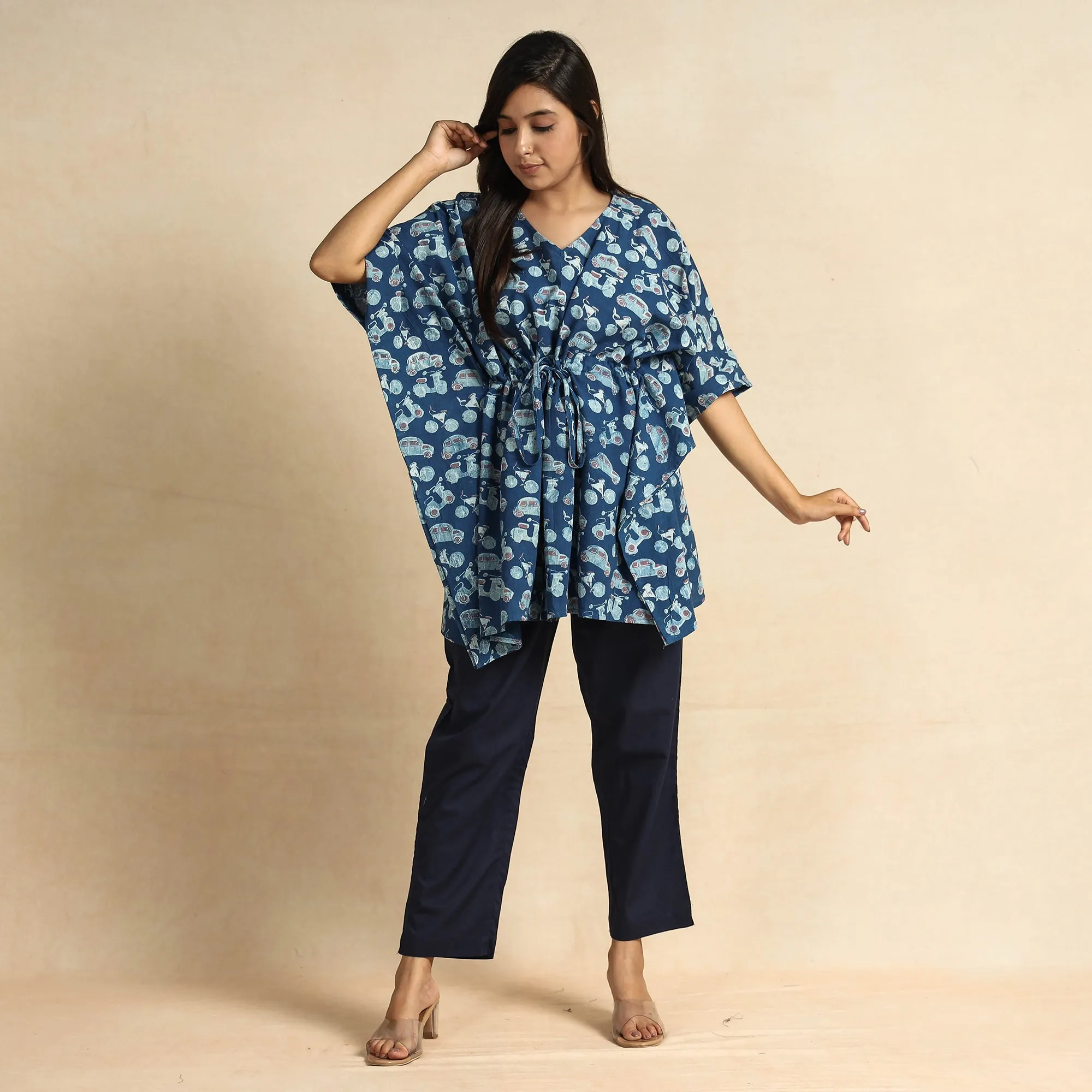 Blue - Bindaas Block Printed Cotton Kaftan & Pyjama Night Suit Set