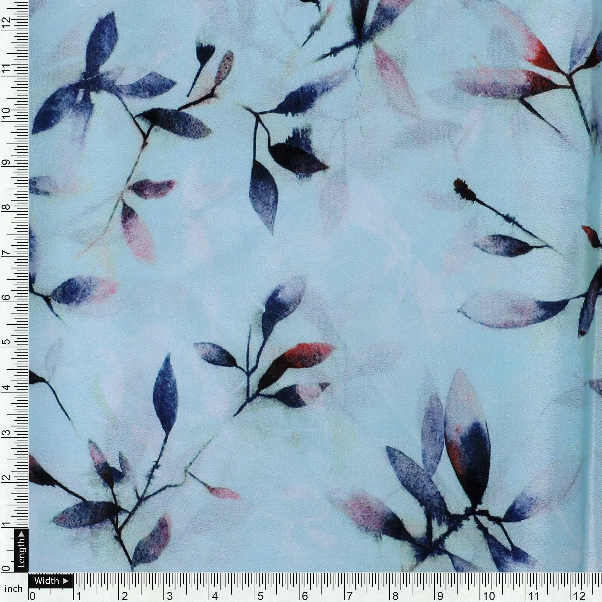 Bluish Thin And Light Leaves Digital Printed Fabric - Crepe