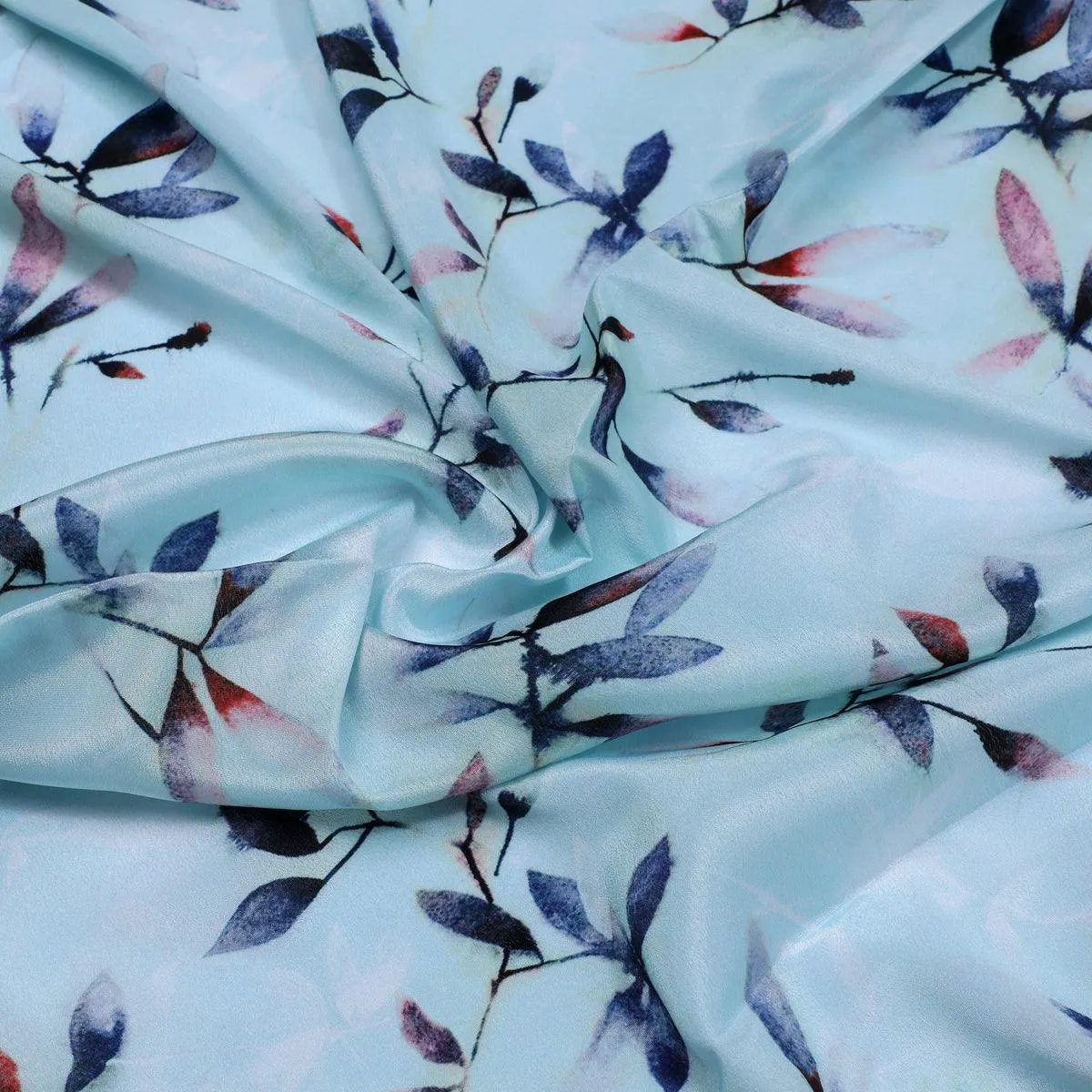 Bluish Thin And Light Leaves Digital Printed Fabric - Crepe