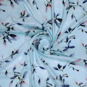 Bluish Thin And Light Leaves Digital Printed Fabric - Crepe