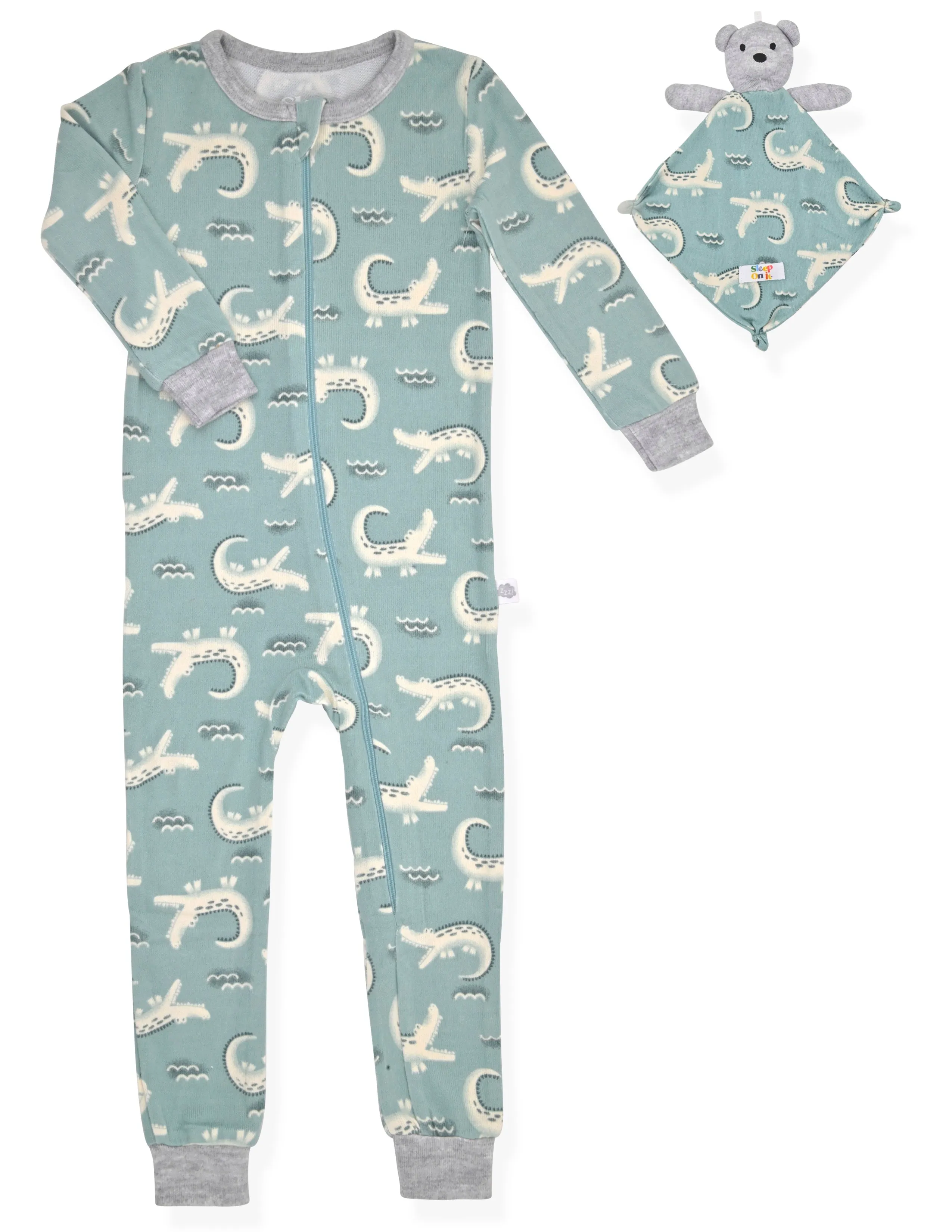 Boys Super Soft Snuggle Jersey Zip-Up Coverall Pajama with Blankey Buddy - Crocodile.