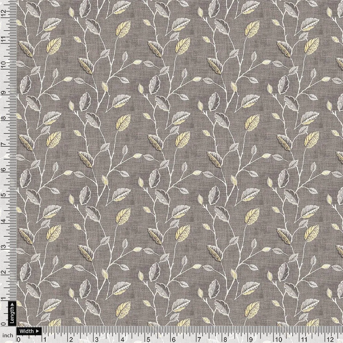 Brown Leaves With Stalk Digital Printed Fabric - Crepe