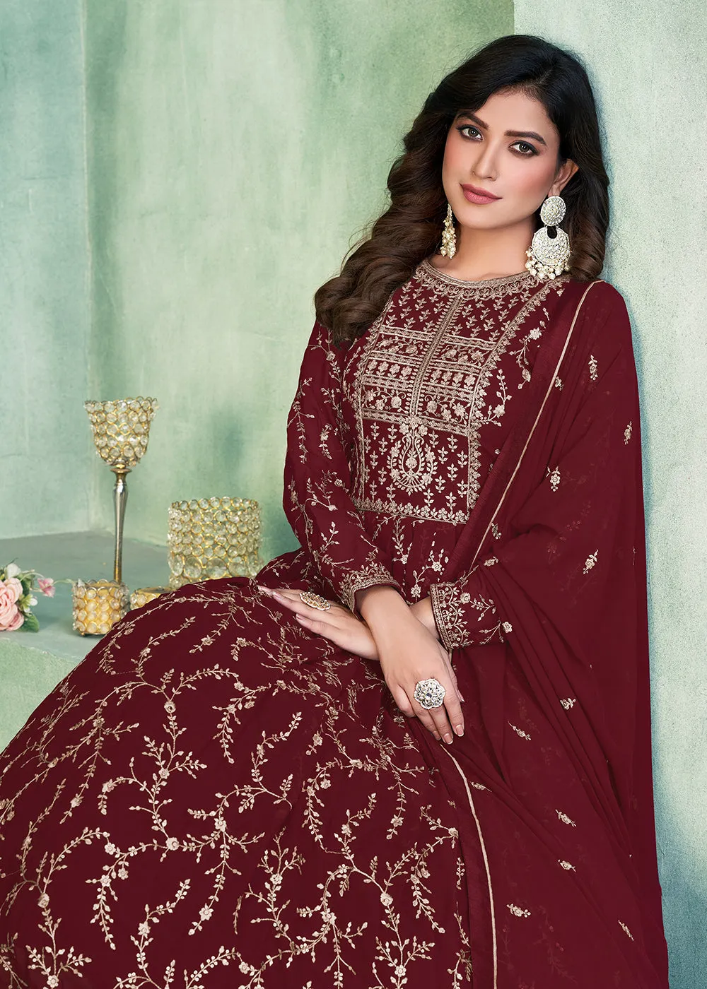 Designer Maroon Embroidered Wedding Party Anarkali Suit