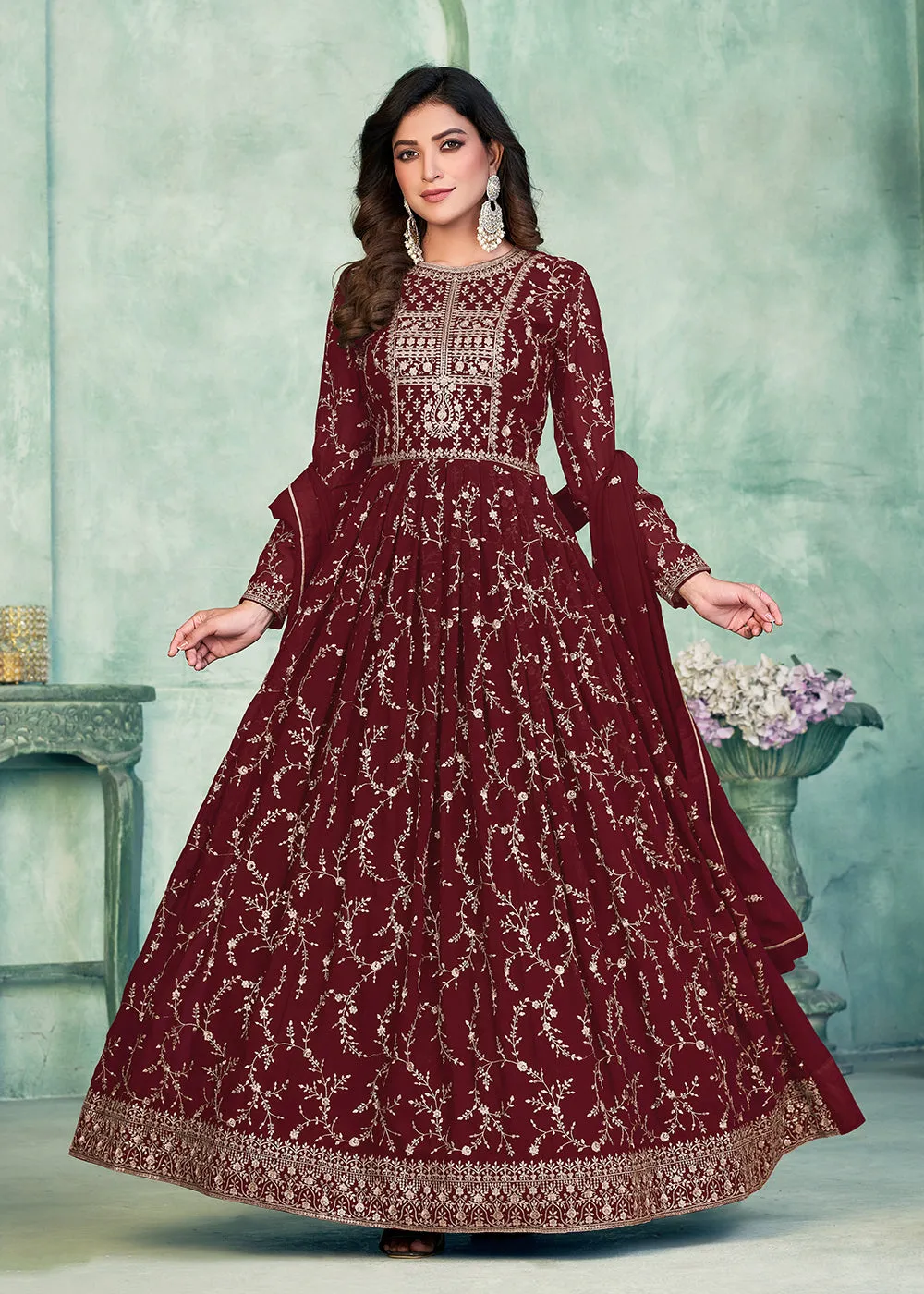 Designer Maroon Embroidered Wedding Party Anarkali Suit