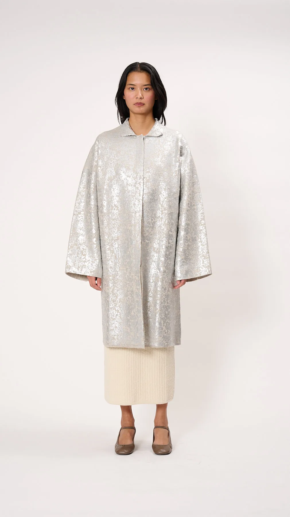 Foil Car Coat in Silver Carrara