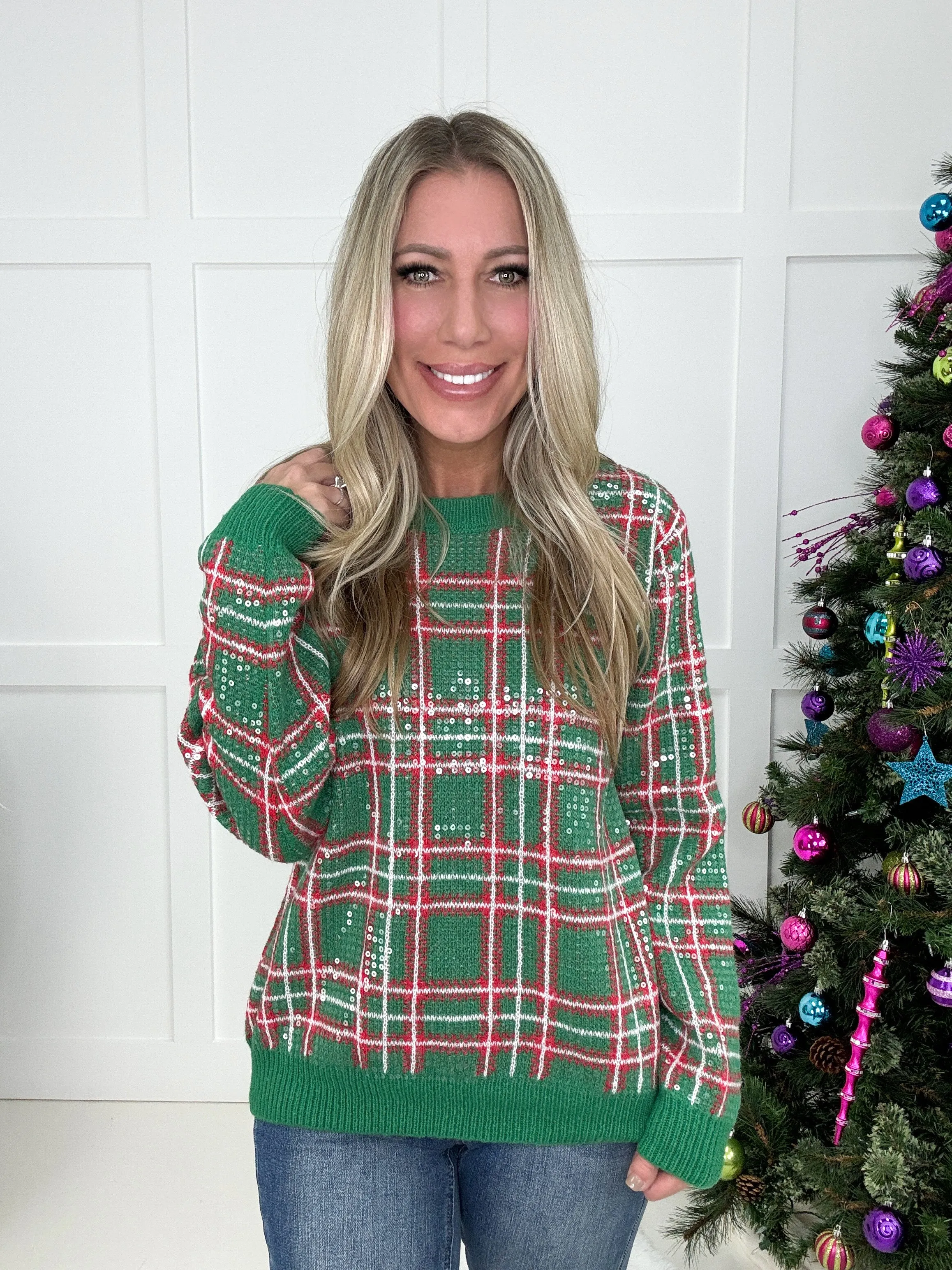 Green Plaid Sequin Sweater