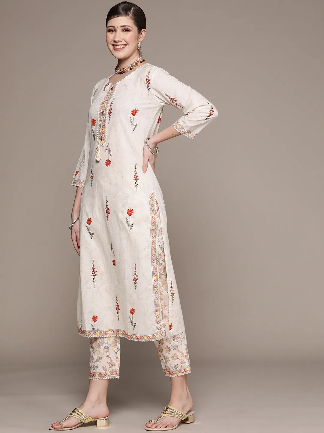 Ishin Women's Off White Printed Straight Kurta with Trouser & Dupatta