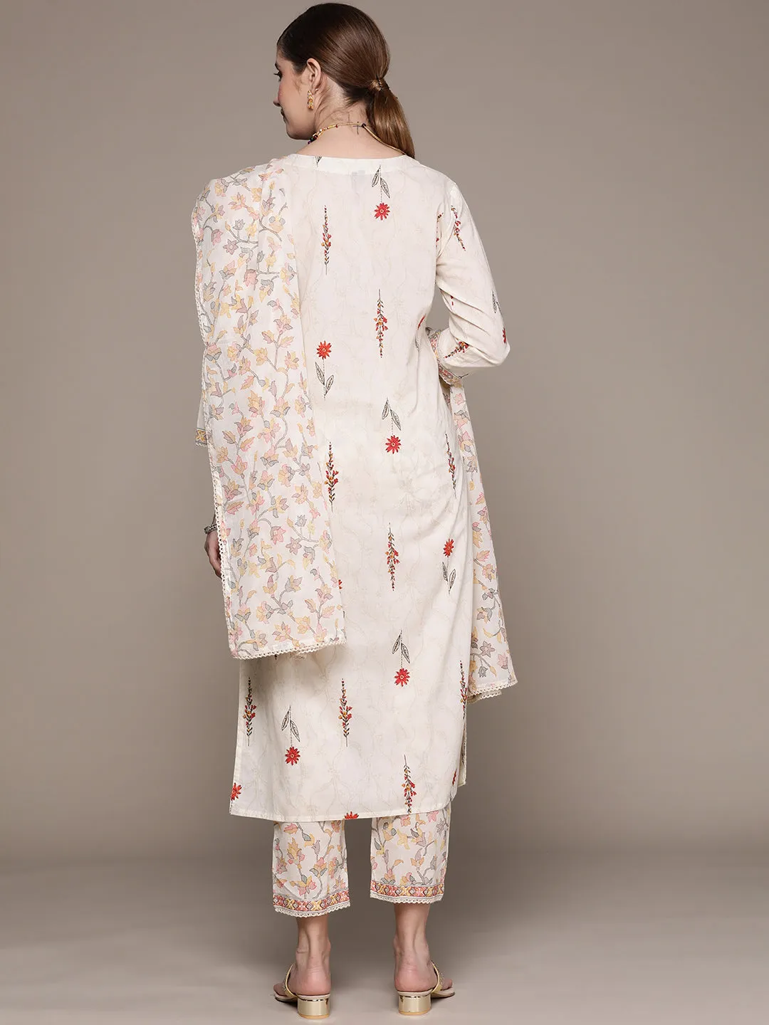 Ishin Women's Off White Printed Straight Kurta with Trouser & Dupatta