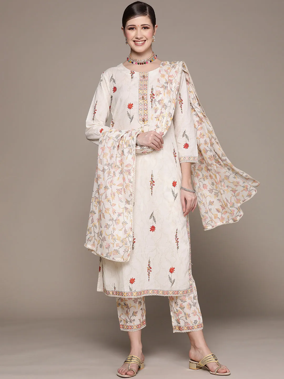 Ishin Women's Off White Printed Straight Kurta with Trouser & Dupatta