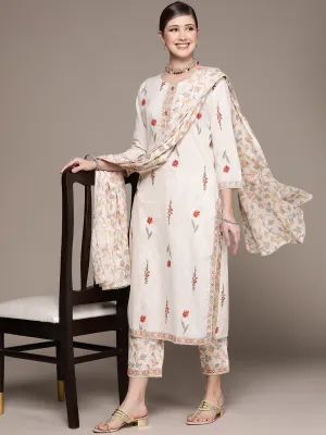 Ishin Women's Off White Printed Straight Kurta with Trouser & Dupatta