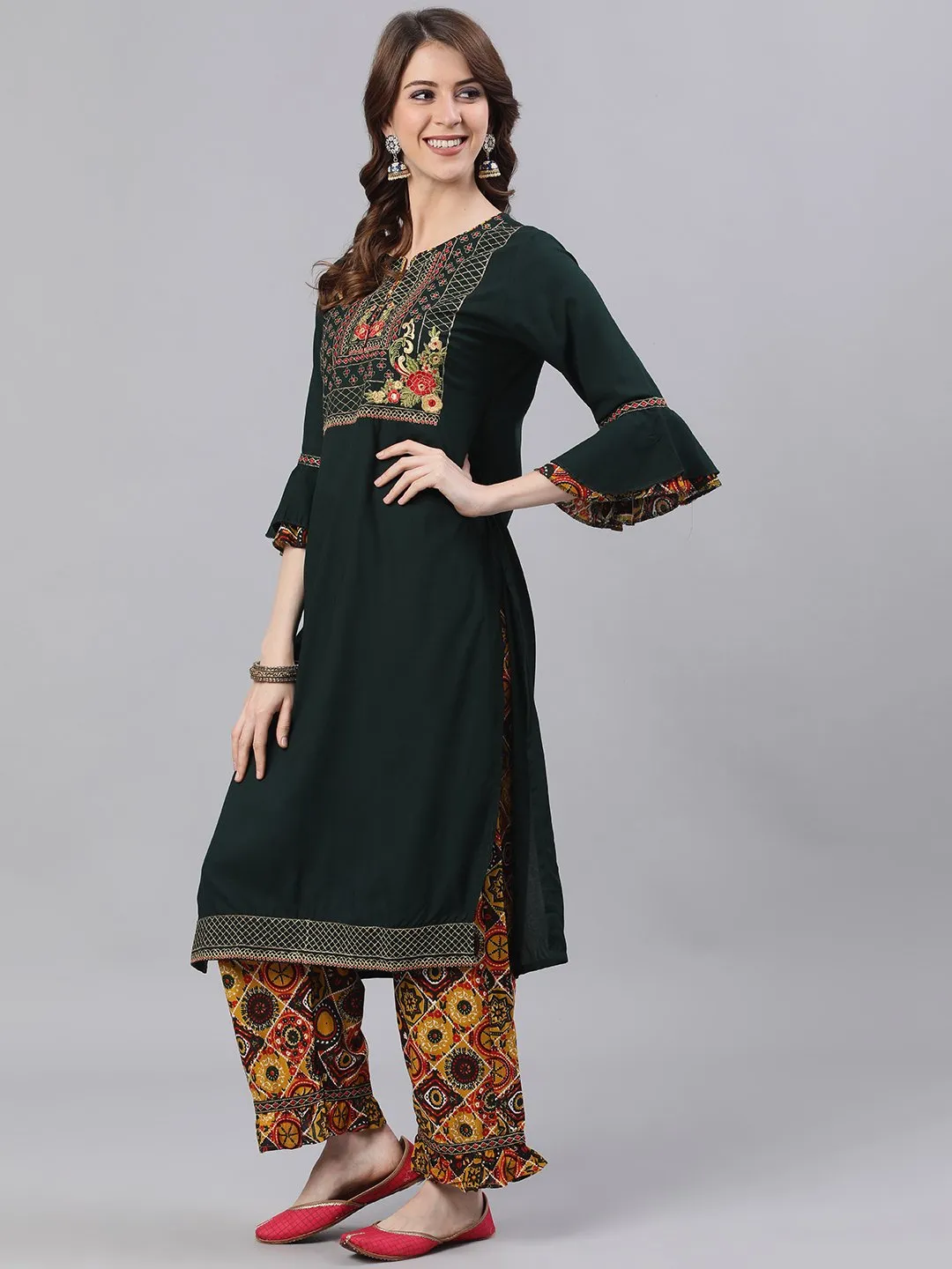 Ishin Women's Rayon Green & Mustard Zari Embroidered A-Line Kurta Trouser Set