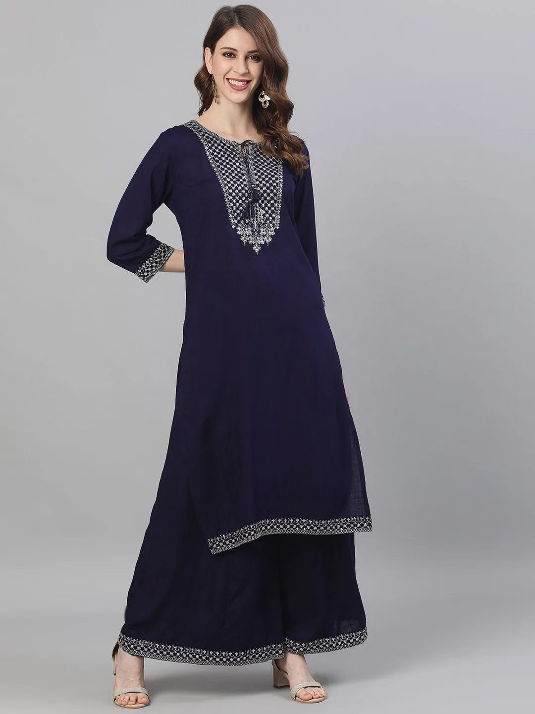 Ishin Women's Rayon Navy Blue Zari Embroidered A-Line Kurta Palazzo Set