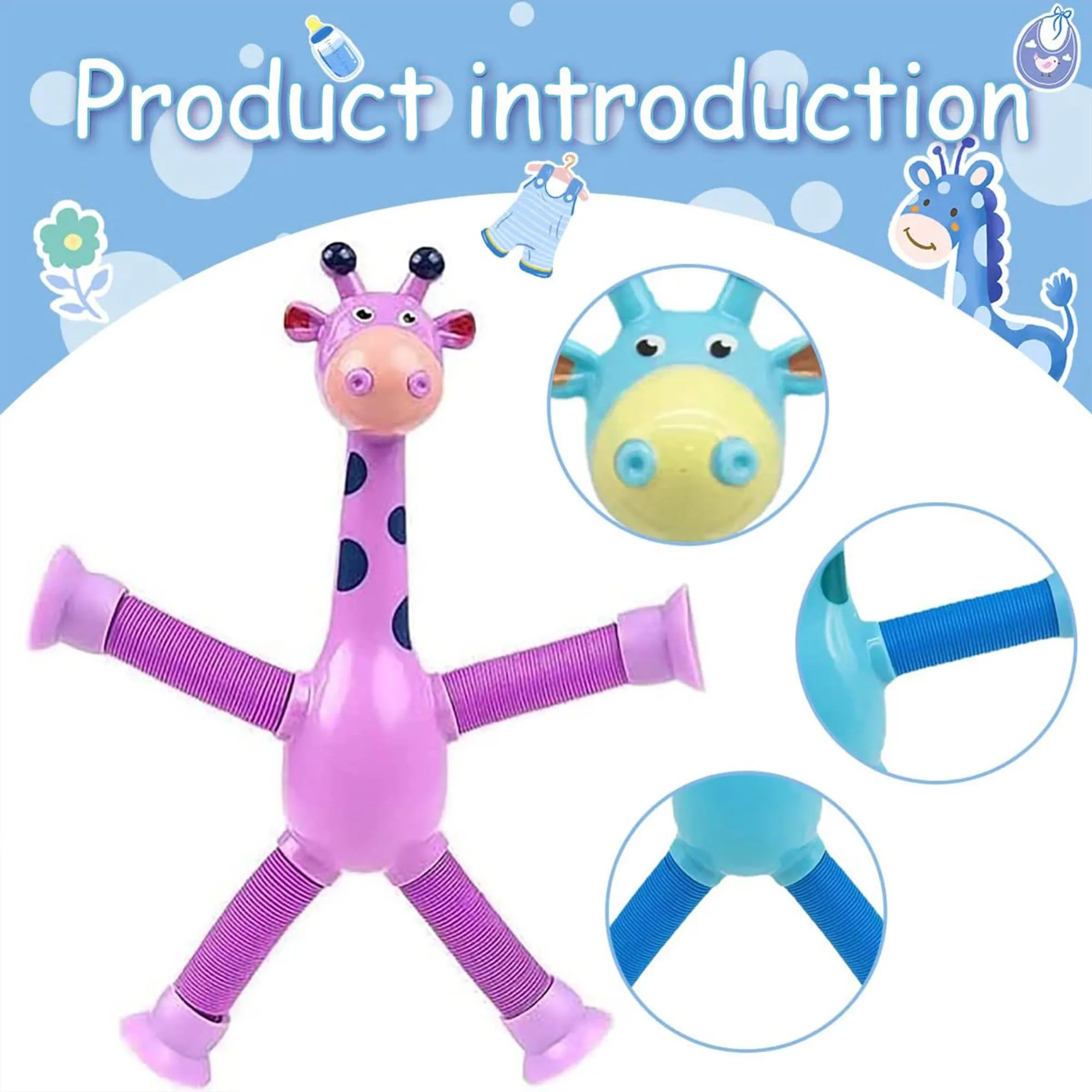 Kidology Telescopic Suction Cup Giraffe Toy, LED Telescopic Pipe with Suction Cup, Shape-Changing Stretch Tube, Parent-Child Interactive Toy Random Colors (Giraffe Figure Set of 4)