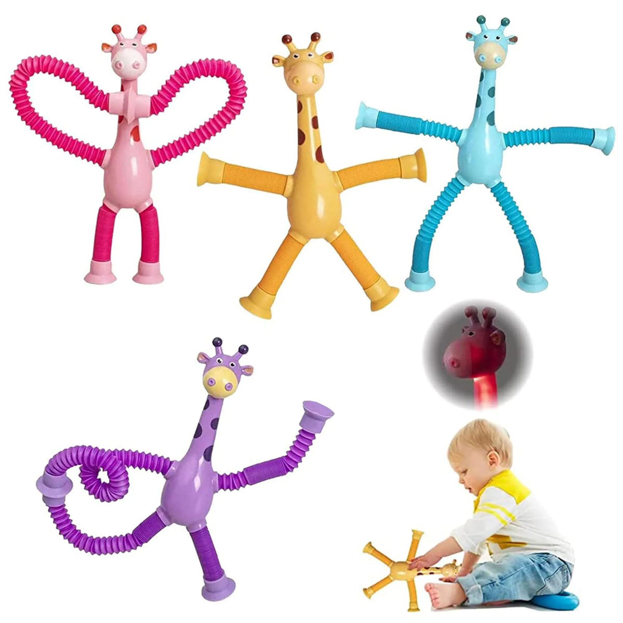 Kidology Telescopic Suction Cup Giraffe Toy, LED Telescopic Pipe with Suction Cup, Shape-Changing Stretch Tube, Parent-Child Interactive Toy Random Colors (Giraffe Figure Set of 4)