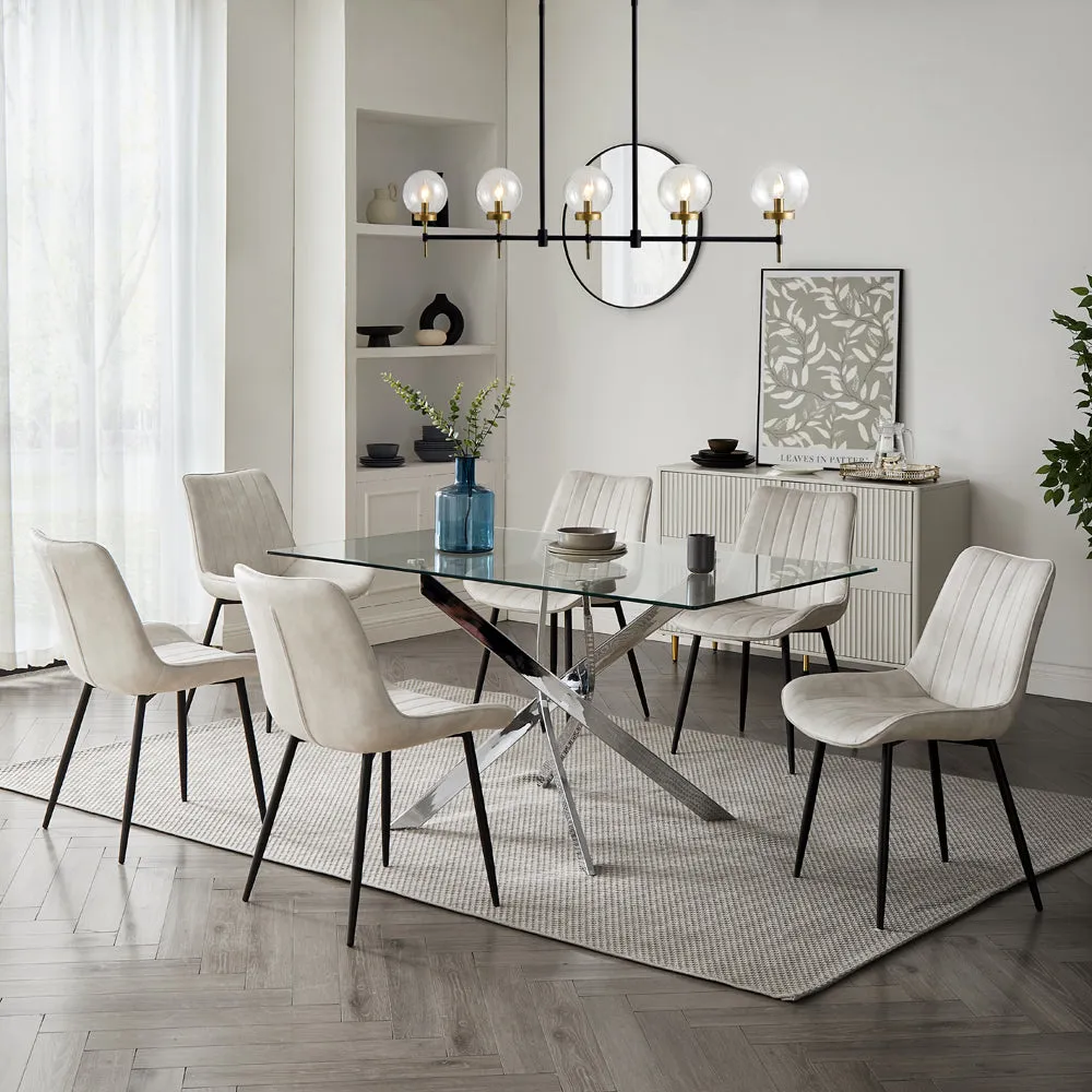 Lucia Rectangular Glass Dining Table & 6 Girona Chairs, Cream Velvet