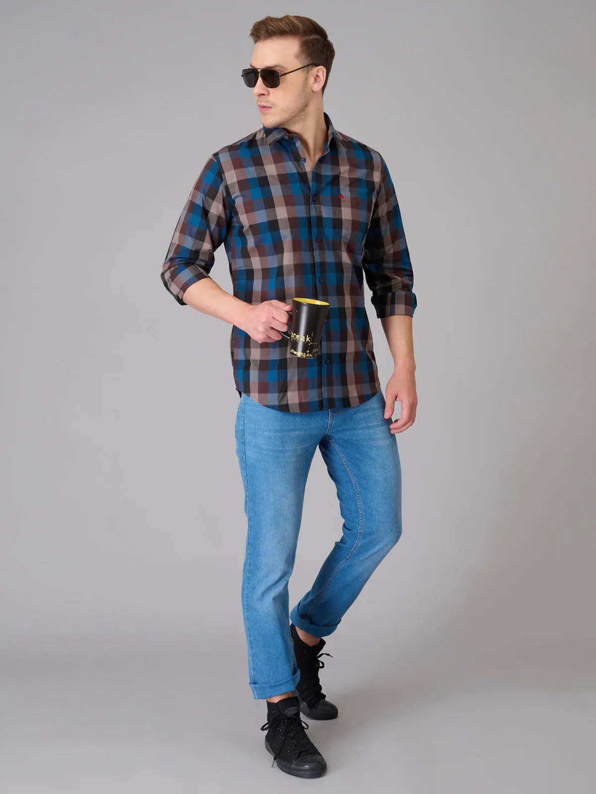 Men Blue Cotton Checks Shirts (GBHM23ED05)