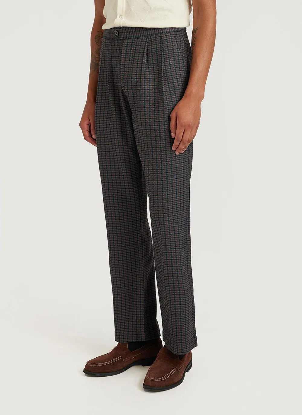 Mini Check Pleated Tailored Trousers | Grey