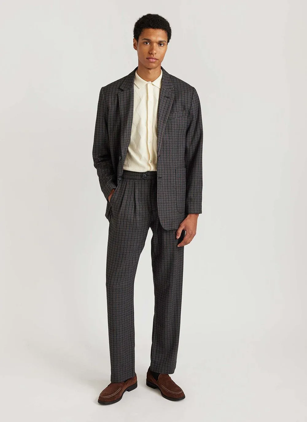 Mini Check Pleated Tailored Trousers | Grey