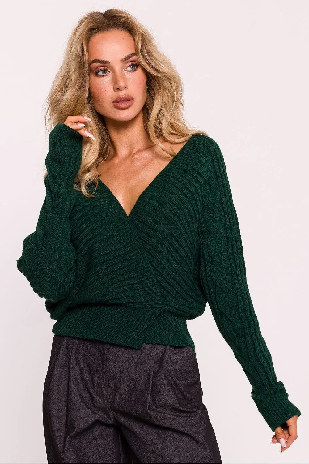 MOE Women's European Wrap Ribbed Yarn Stylish Sweater