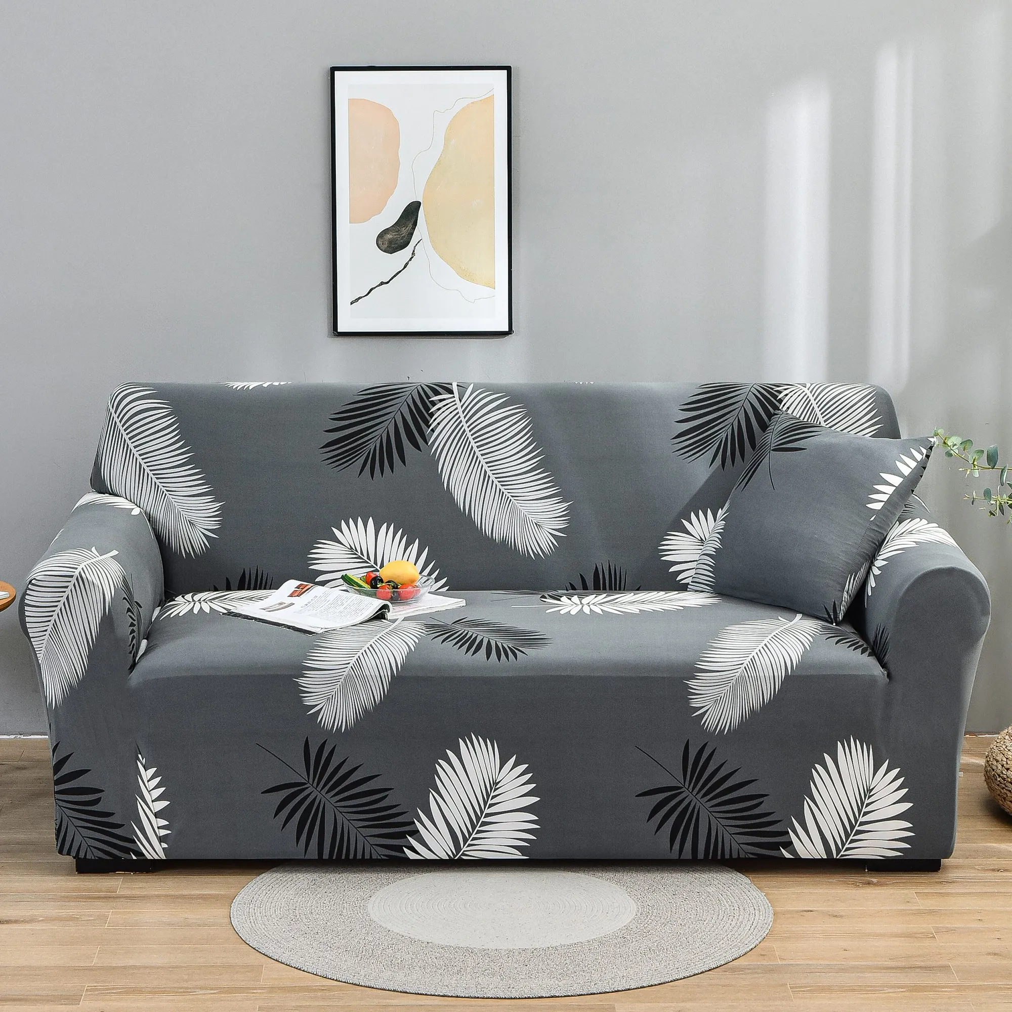 Story@Home Elastic Stretchable 1 | 2 | 3 | 4 Seater Grey Leaves Pattern Sofa Cover