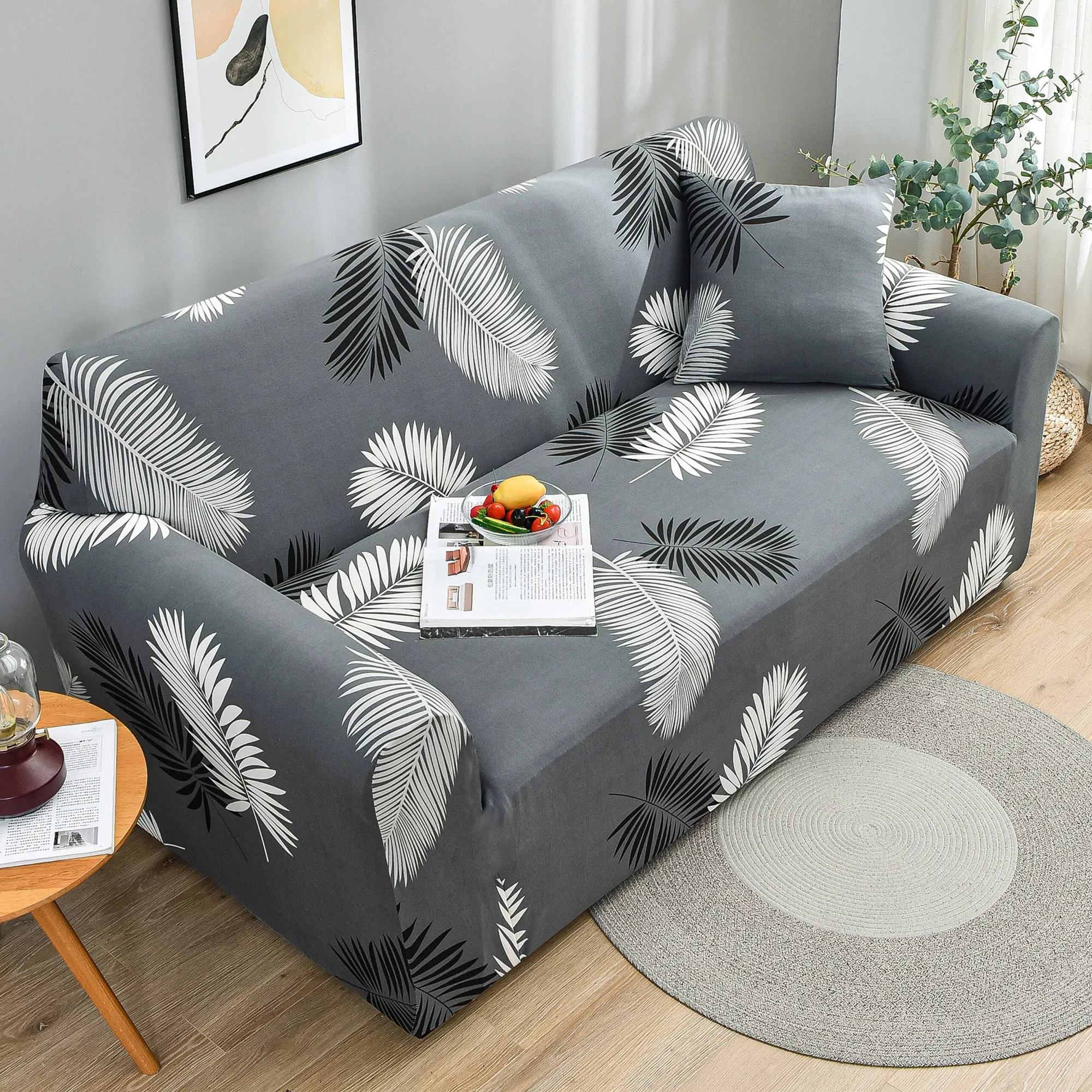 Story@Home Elastic Stretchable 1 | 2 | 3 | 4 Seater Grey Leaves Pattern Sofa Cover