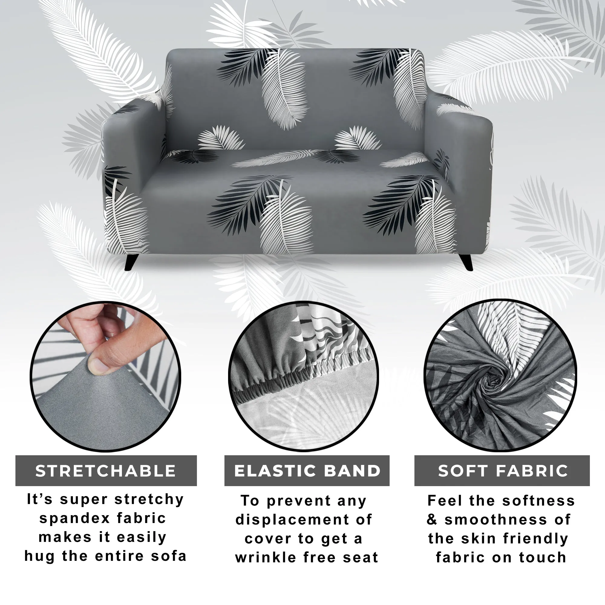 Story@Home Elastic Stretchable 1 | 2 | 3 | 4 Seater Grey Leaves Pattern Sofa Cover