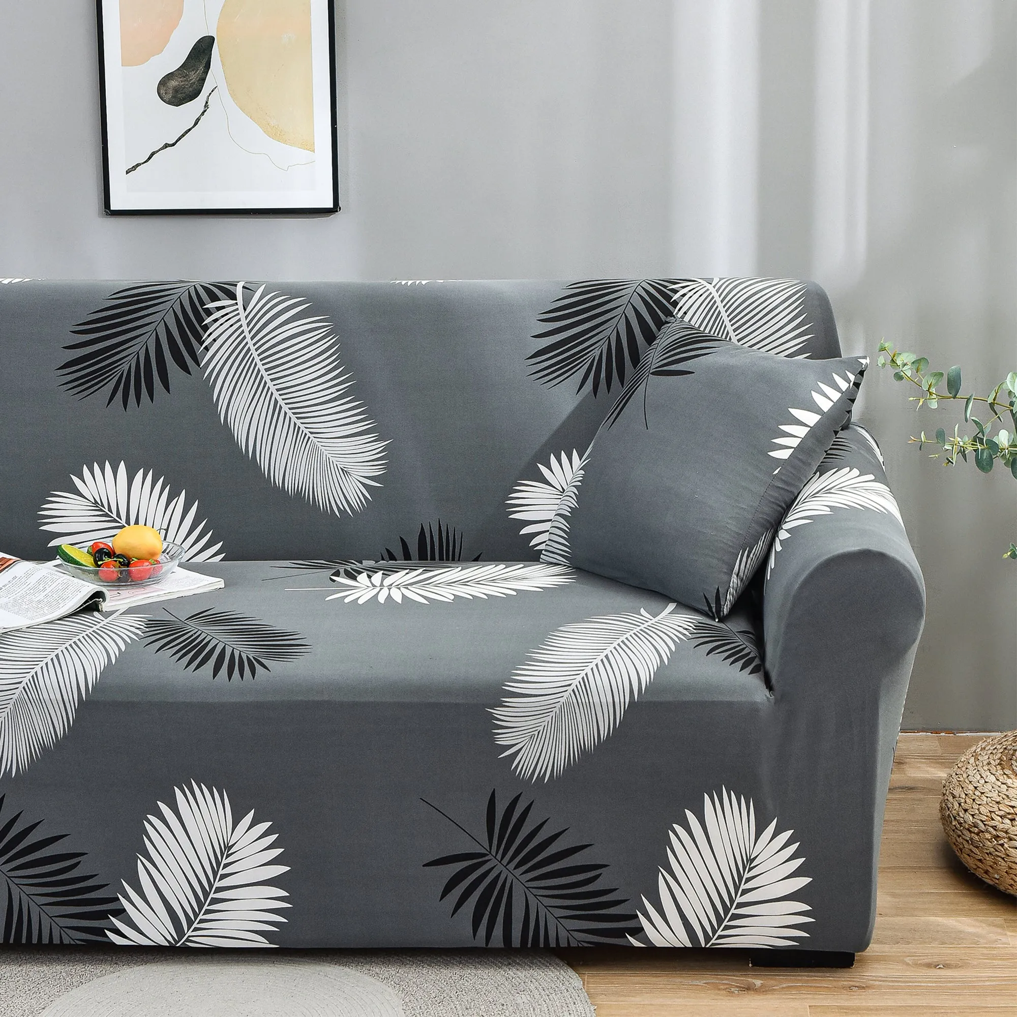 Story@Home Elastic Stretchable 1 | 2 | 3 | 4 Seater Grey Leaves Pattern Sofa Cover