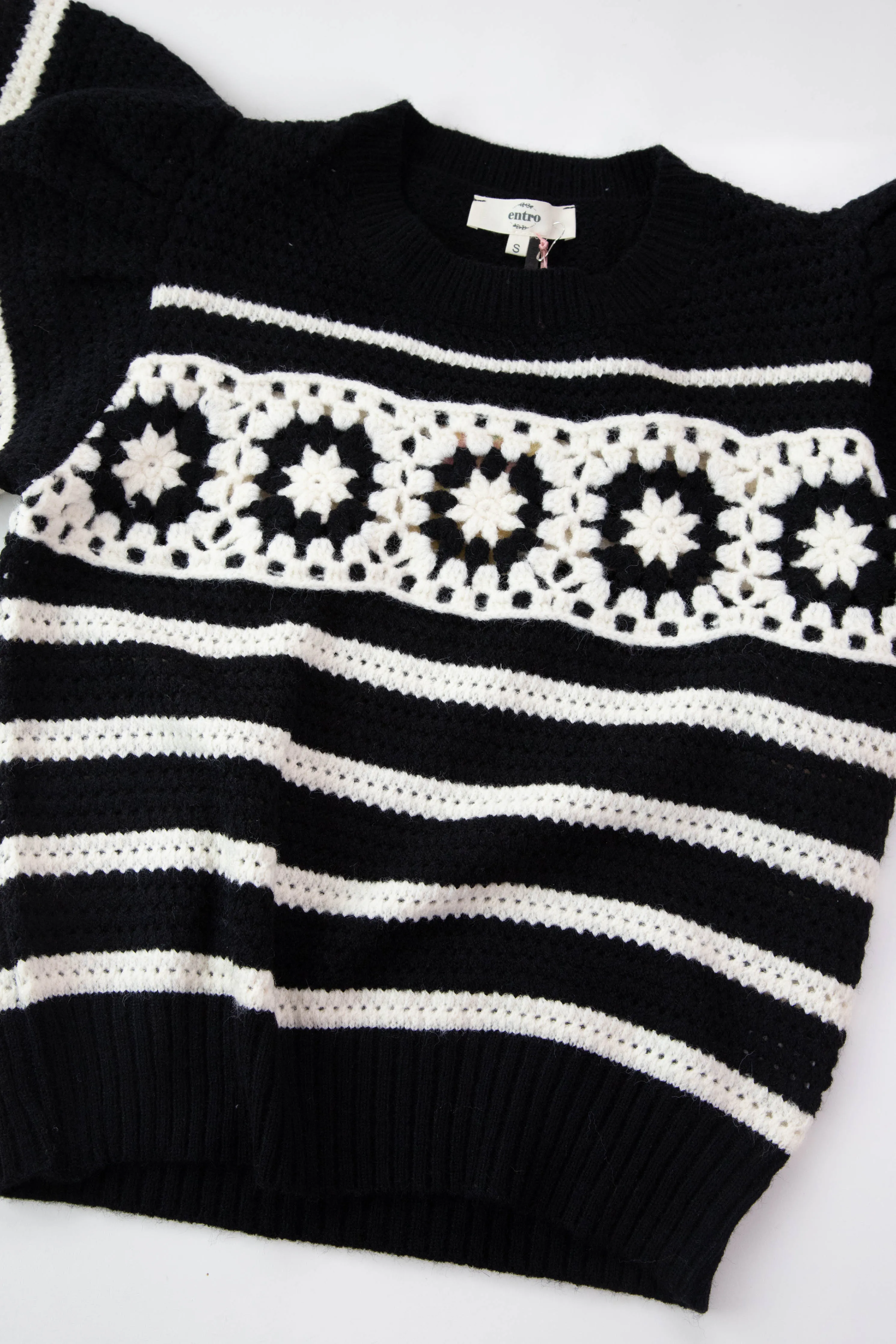 Tess Crochet Striped Sweater, Black