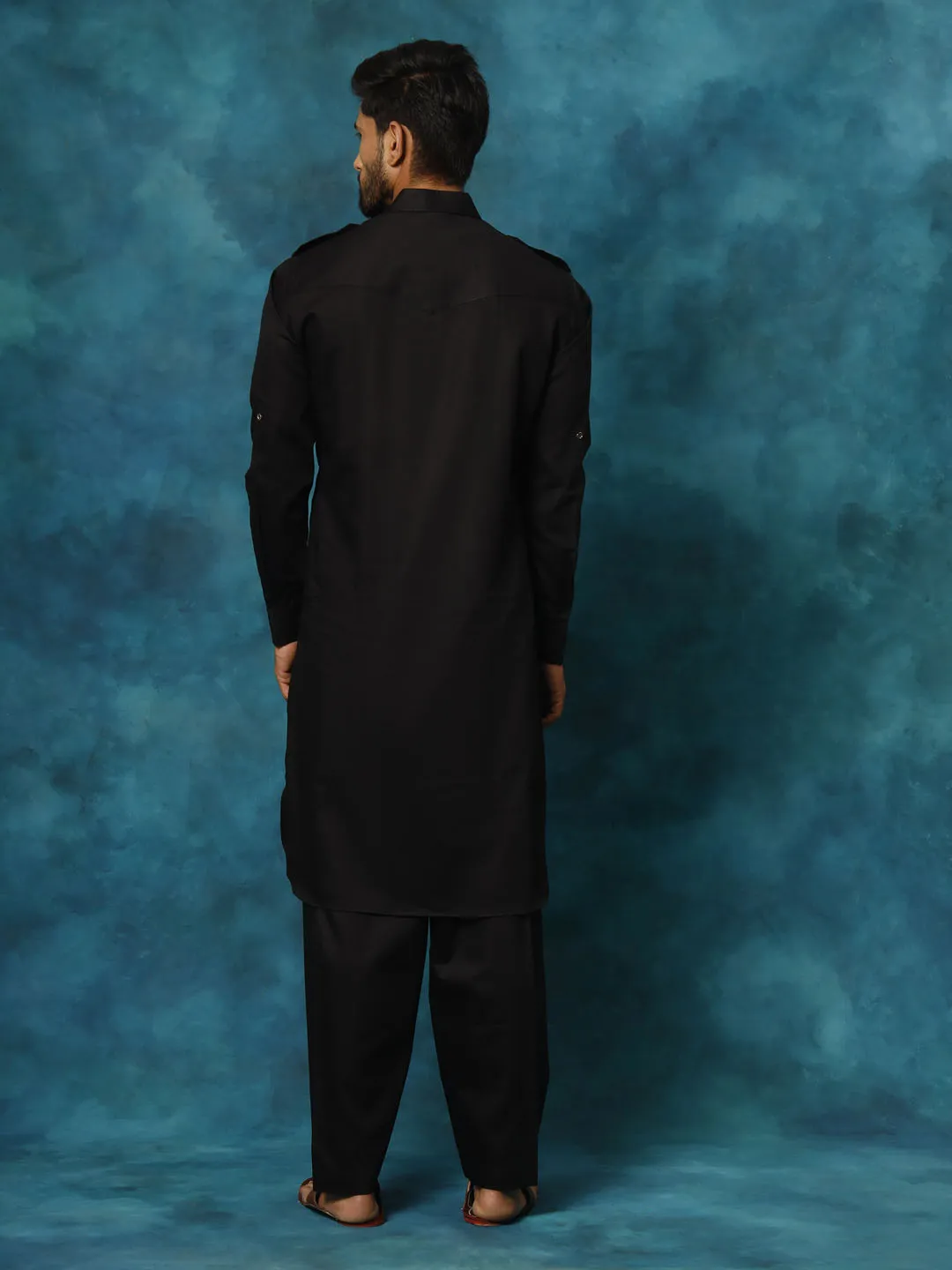 VASTRAMAY Men's Black Cotton Pathani Suit Set