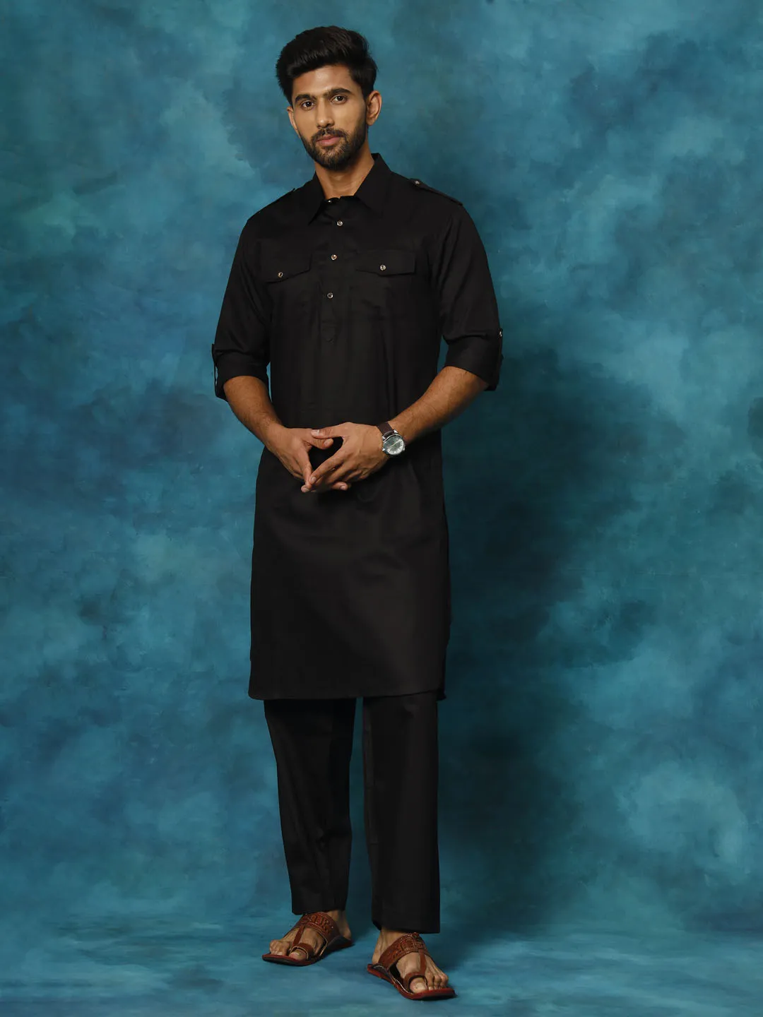 VASTRAMAY Men's Black Cotton Pathani Suit Set