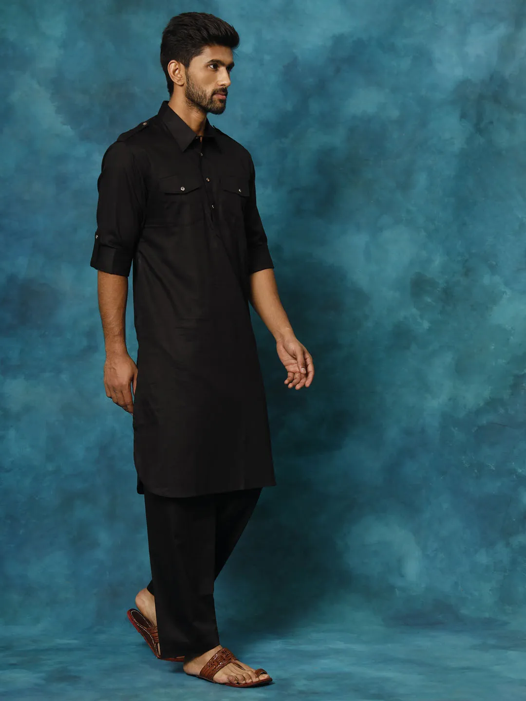 VASTRAMAY Men's Black Cotton Pathani Suit Set