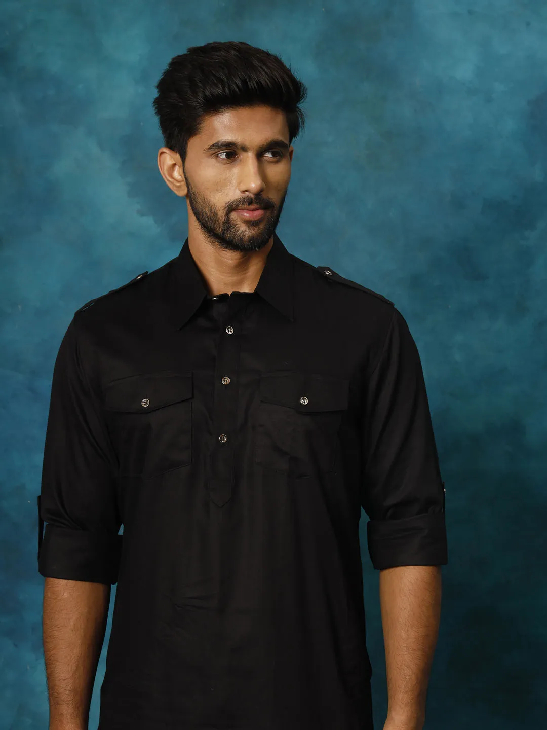 VASTRAMAY Men's Black Cotton Pathani Suit Set