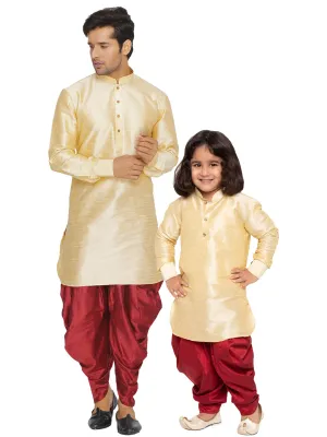 Vastramay Silk Blend Gold And Maroon Baap Beta Dhoti Kurta Set