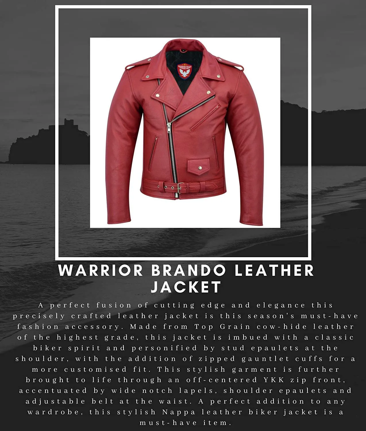 Warrior Gears® Perfecto Marlo Brando Leather Motorcycle Jacket for Men  Cowhide- Red