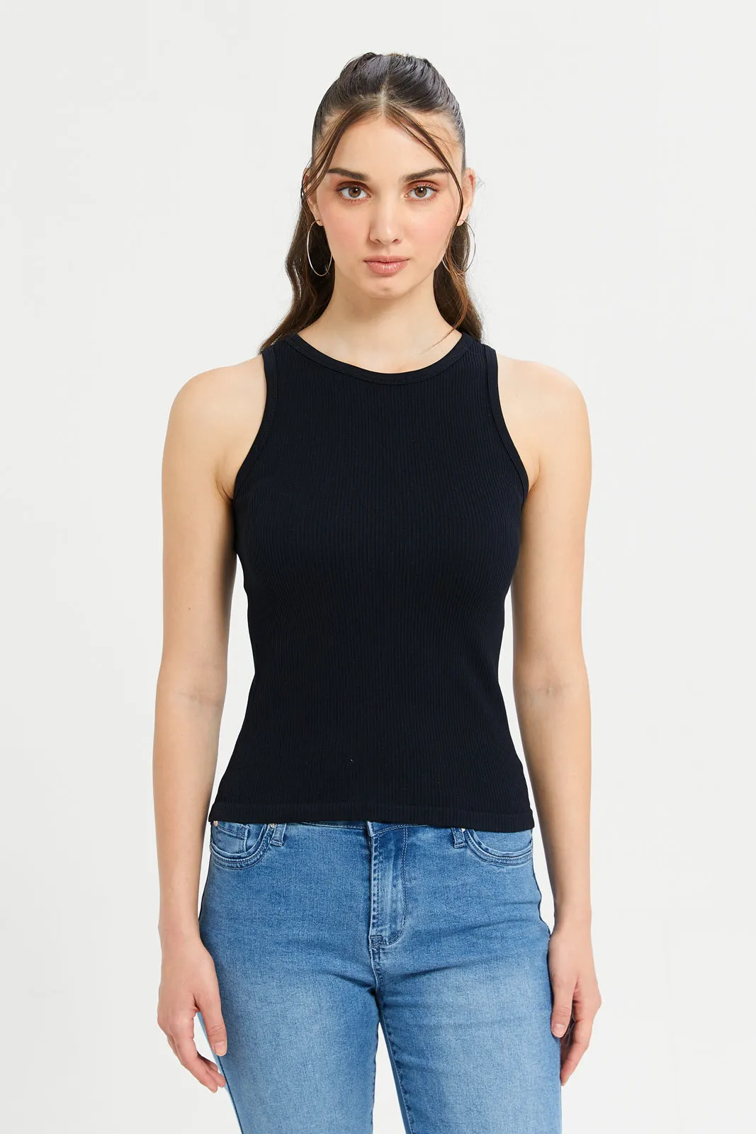 Women Black Ribbed Vest Top