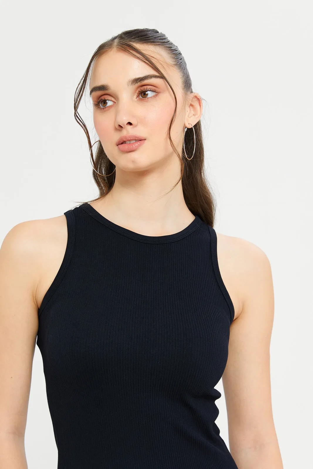 Women Black Ribbed Vest Top